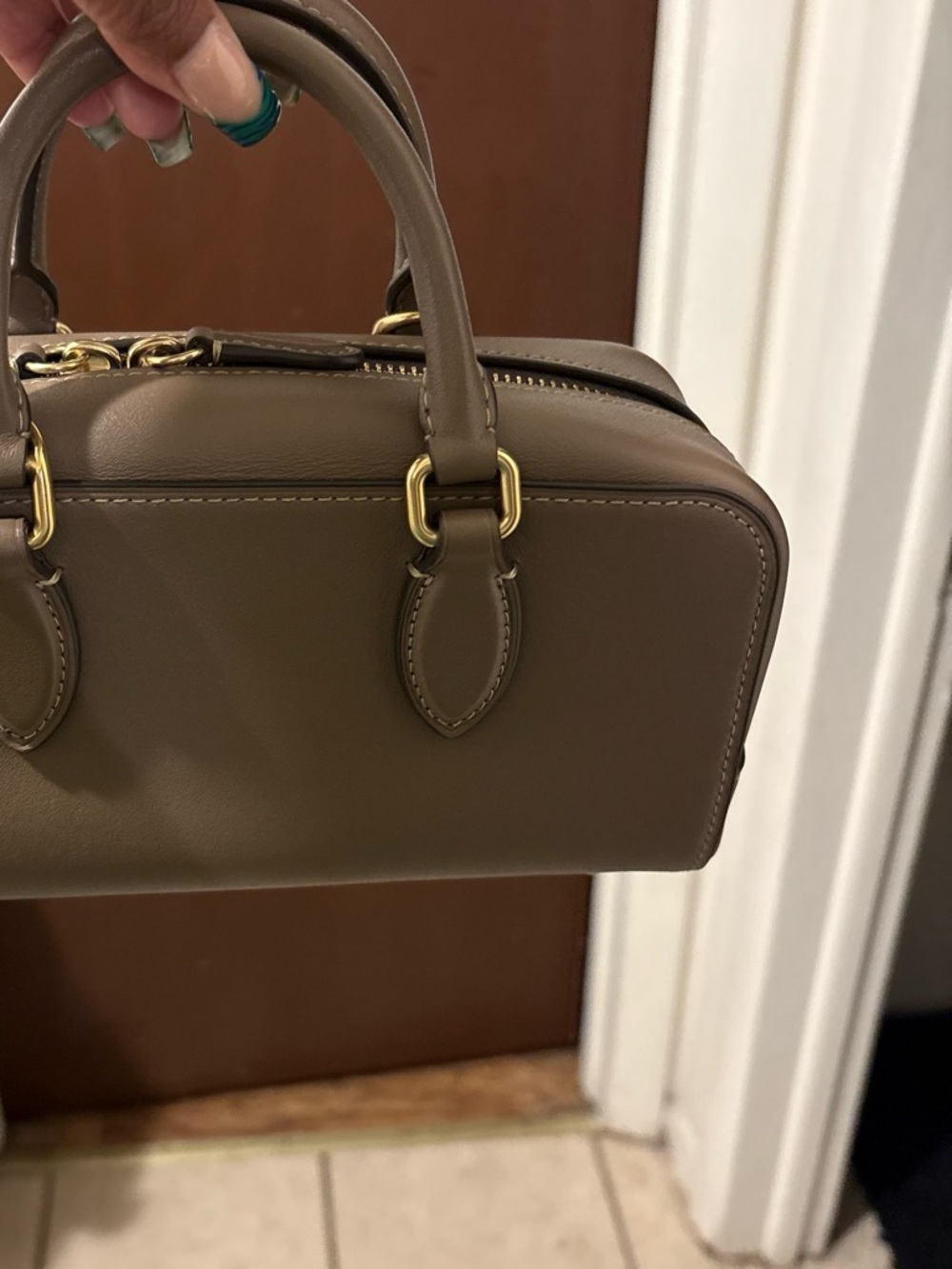 Taupe Leather Top-Handle Satchel Bag